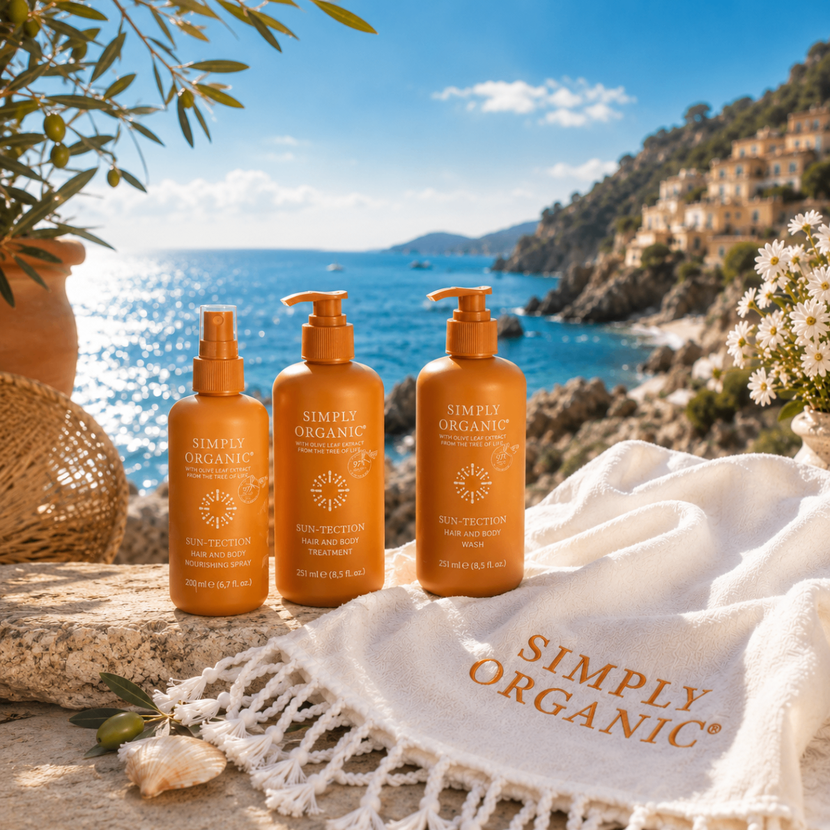 Simply Organic SunTection Set con pareo Limited Edition e vista mare